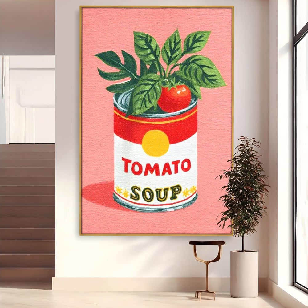 Tablou canvas cu pictura cu conserva de supa si rosie, in rama de aluminiu auriu
